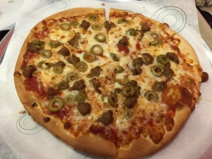 Sausage, Green Olive, and Garlic Pizza